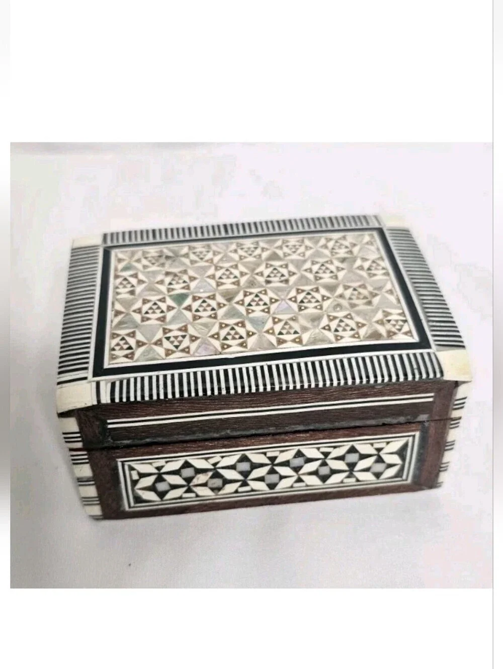 Vintage Syrian Egyptian Marquetry Box Khatam Inlay Mother of Pearl Trinket